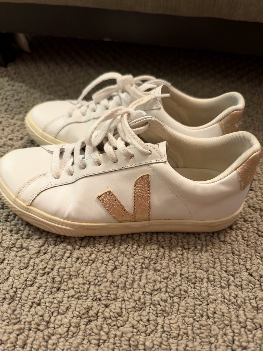 Veja Women’s White Leather Esplar Sneaker with Gold V Logo